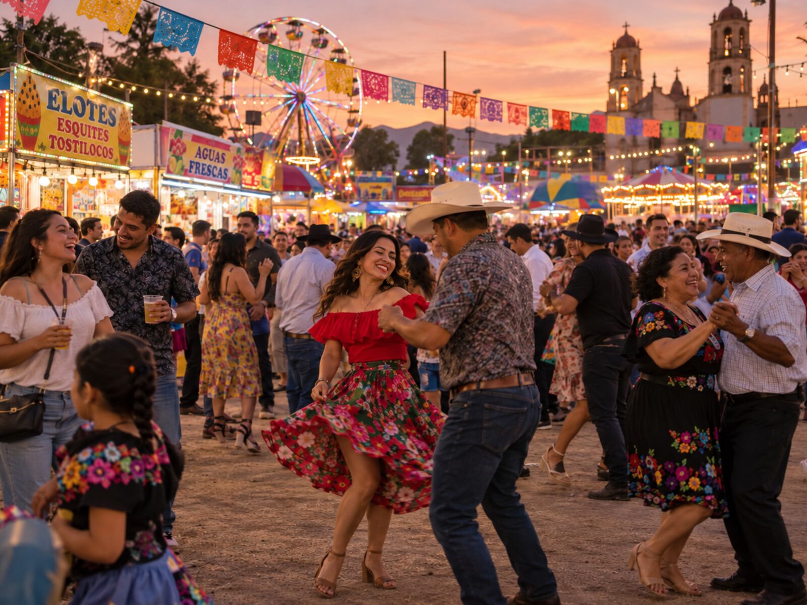 Ilustración de parejas bailando en una feria al atardecer, con papel picado, puestos de elotes y aguas frescas, una rueda de la fortuna y una iglesia al fondo