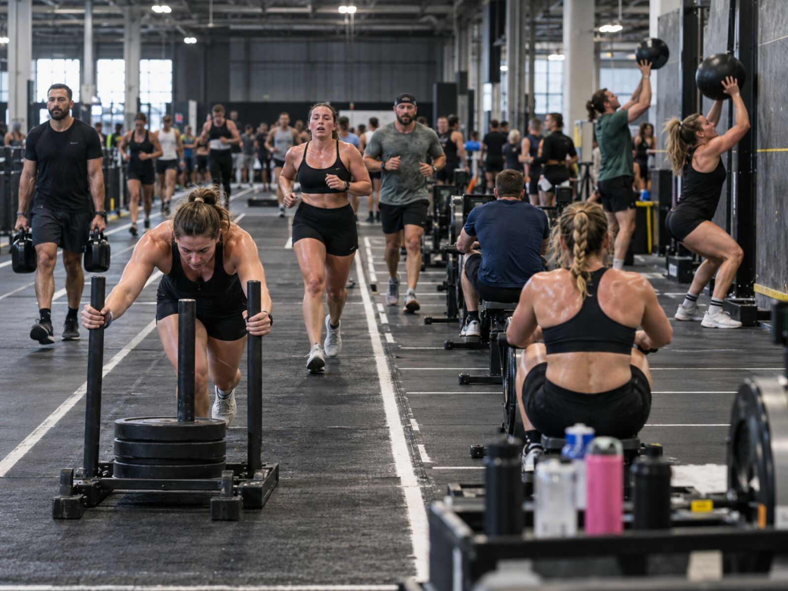 Una competencia de fitness bajo techo, con una mujer empujando un trineo y otras personas corriendo, remando, cargando pesas y lanzando balones contra la pared